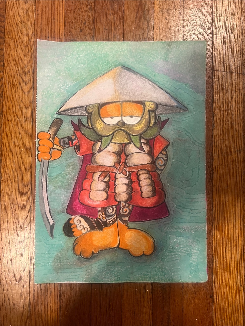 Samurai Cat Illustration Print — Orange and Red Artwork